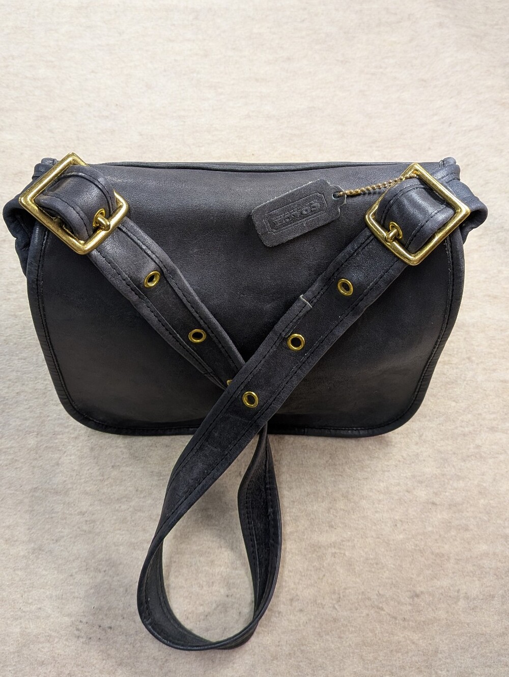 Vintage COACH Stunning Slate Gray Leather Stewardess Messanger Bag Purse Brass - Picture 8 of 14